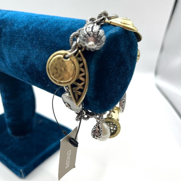 Charm Chicos Silver Bracelet. Big Charms  Pearl, Crystal, Coins Mixed Metals - Picture 8 of 14